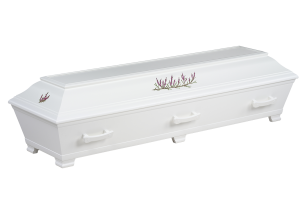 Vit kista med lavendelmönster på locket och sidorna, utrustad med handtag.